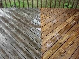 Wood deck before and after cleaning, grey mildewed boards restored to natural wood tone